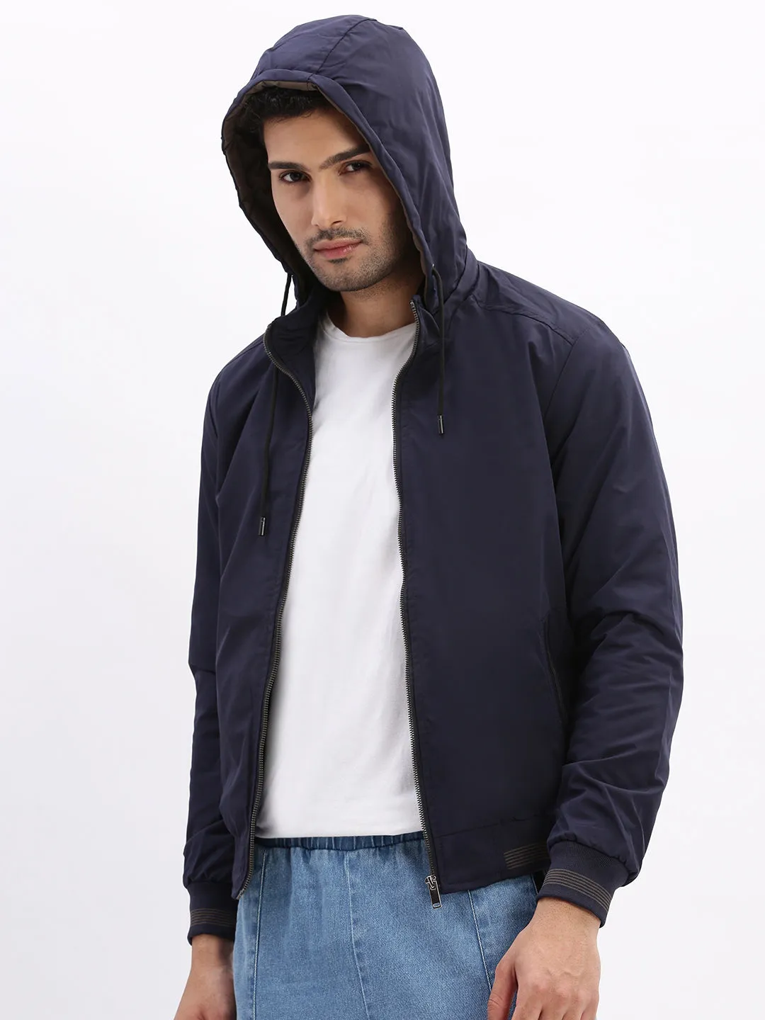 Men's Mock Collar Navy Blue Solid Bomber Jacket comes with Detachable Hoodie Compact Packable Bonded Collars