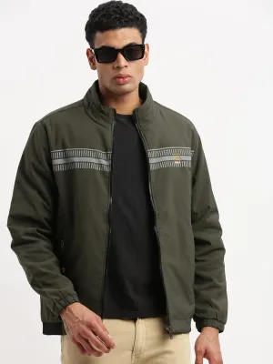 Durable Outer Shell Fit For Travel Men's Mock Collar Olive Solid Casual Bomber Jacket