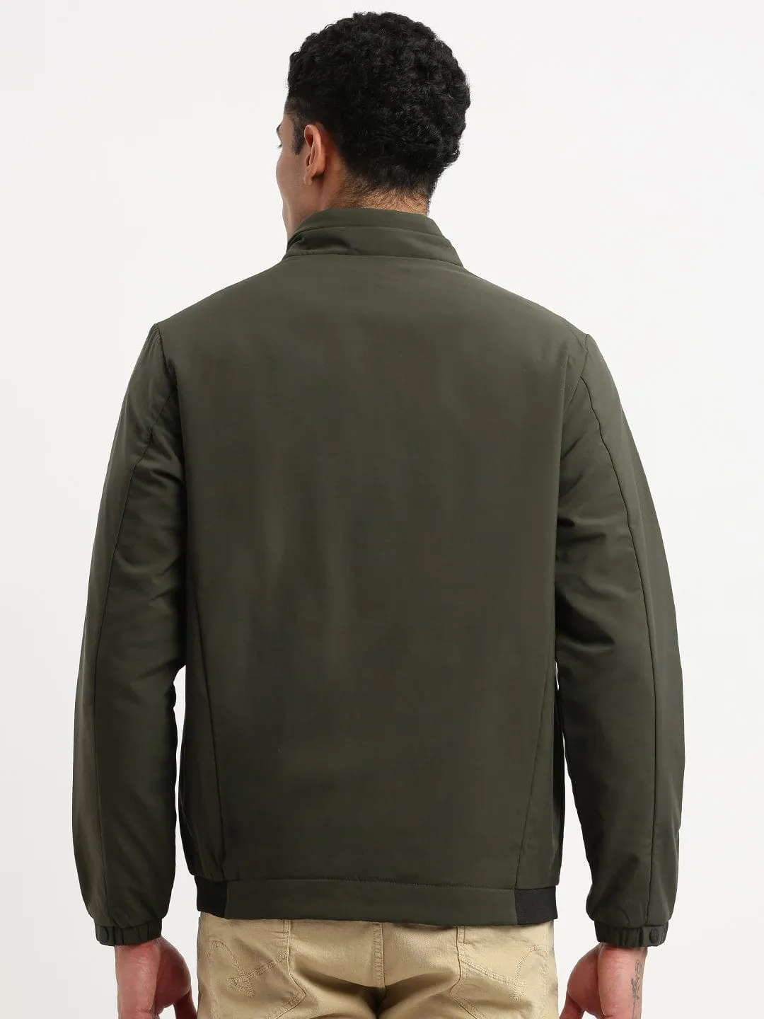 Waterproof Design Men's Mock Collar Olive Solid Casual Bomber Jacket