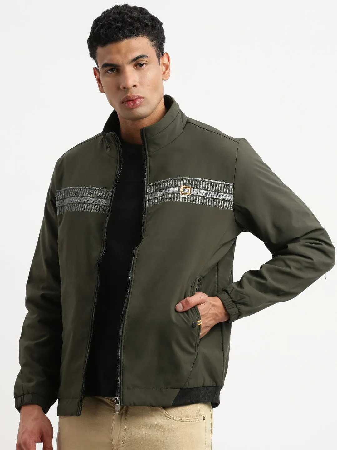 Men's Mock Collar Olive Solid Casual Bomber Jacket Moisture Wicking Fabric