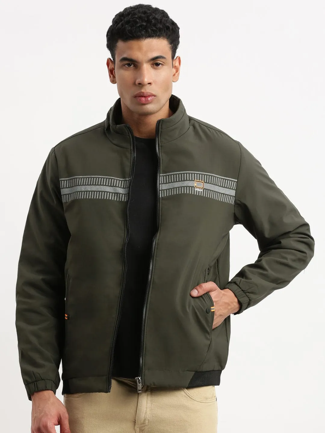 All Ground Men's Mock Collar Olive Solid Casual Bomber Jacket