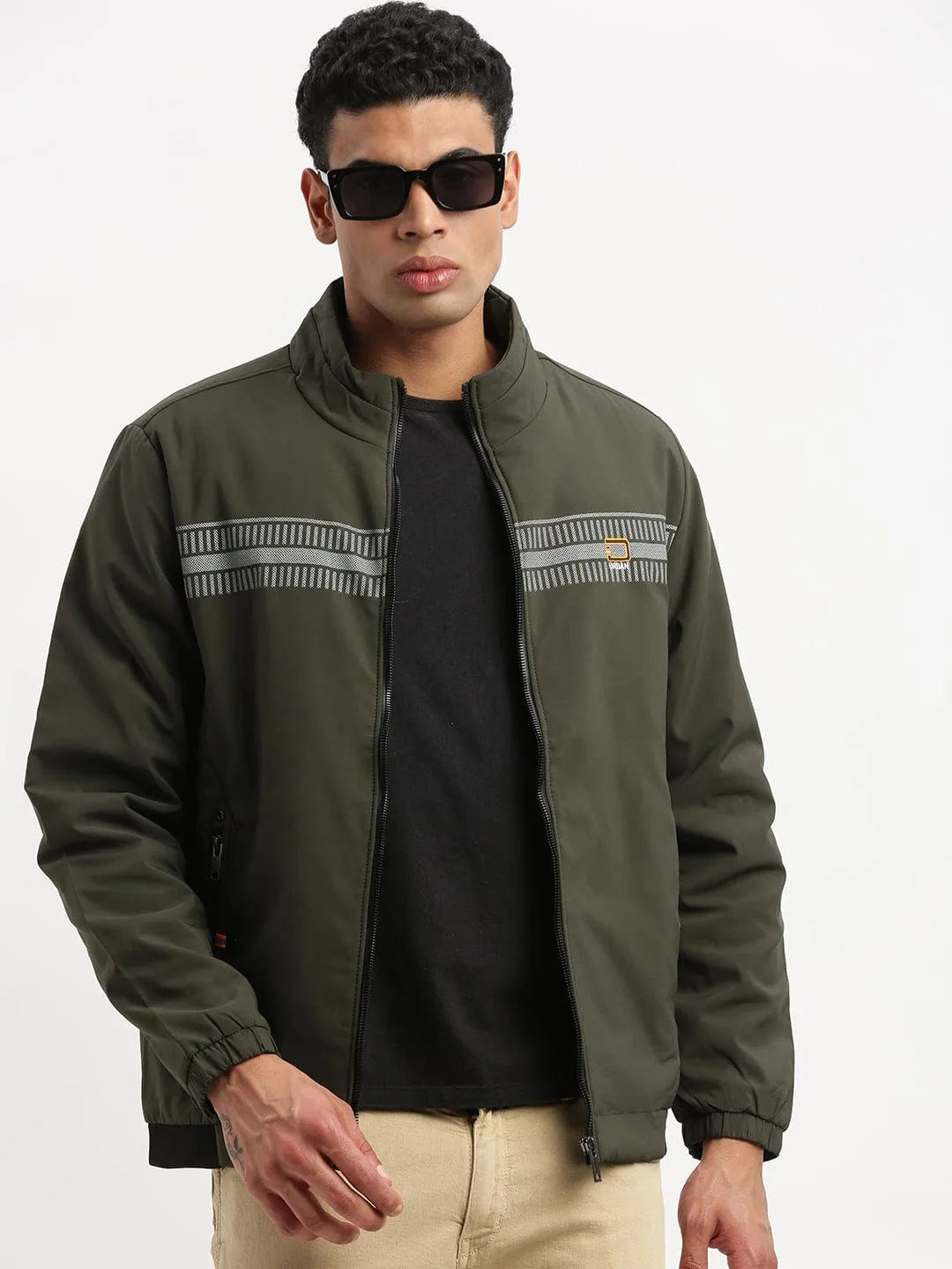 Durable Outer Shell Fit For Travel Men's Mock Collar Olive Solid Casual Bomber Jacket