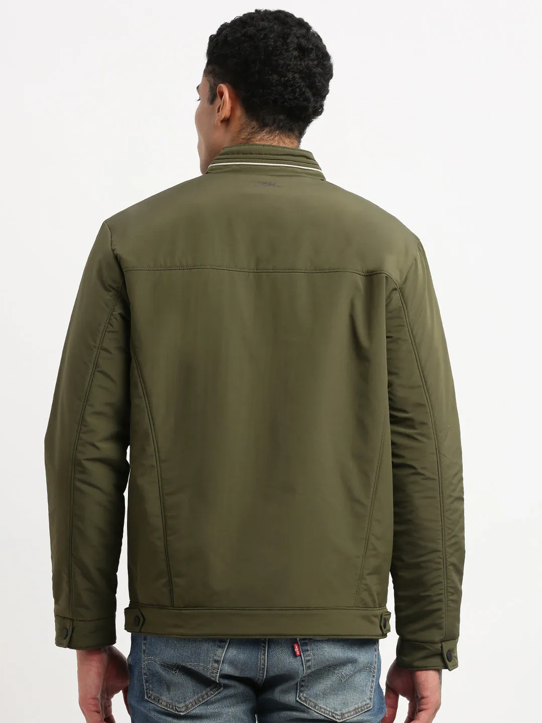UV Protective Coating Soft Touch Texture Men's Mock Collar Olive Solid Windcheater Bomber Jacket