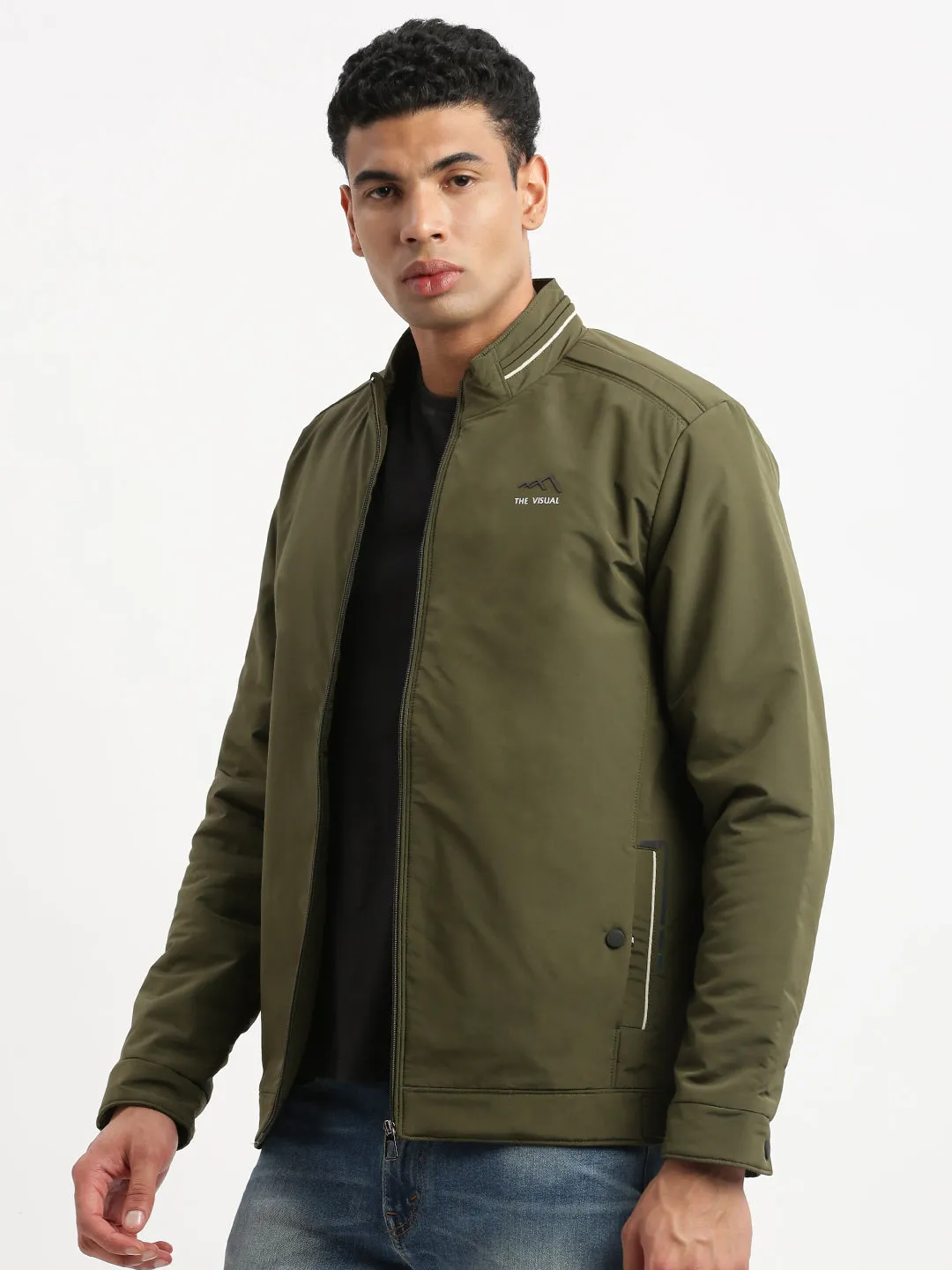 Reversible Layer Trendy Must Have Men's Mock Collar Olive Solid Windcheater Bomber Jacket