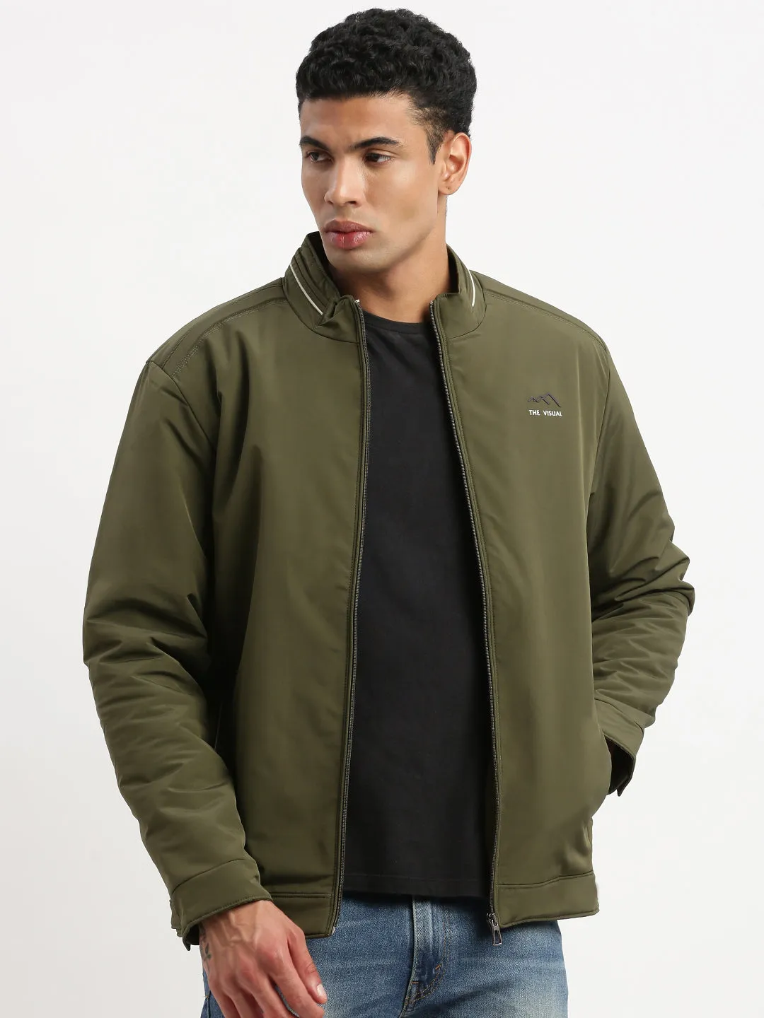 Compressed Packing Design Reinforced Seam Construction Men's Mock Collar Olive Solid Windcheater Bomber Jacket