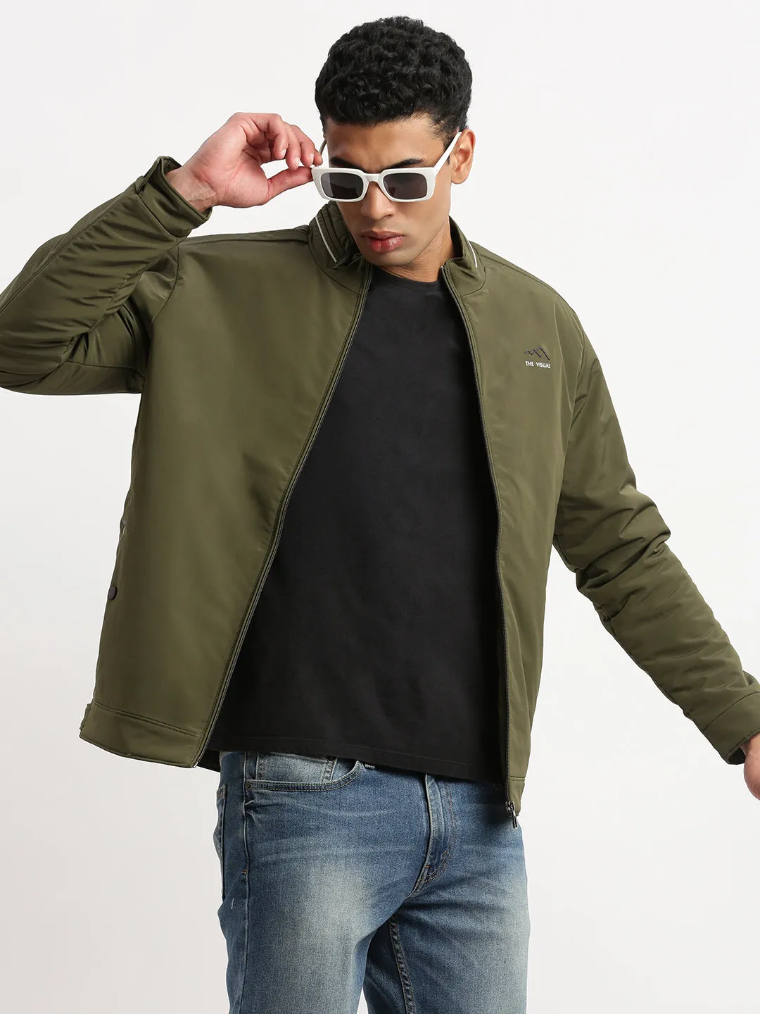 Men's Mock Collar Olive Solid Windcheater Bomber Jacket Anti Pill Surface