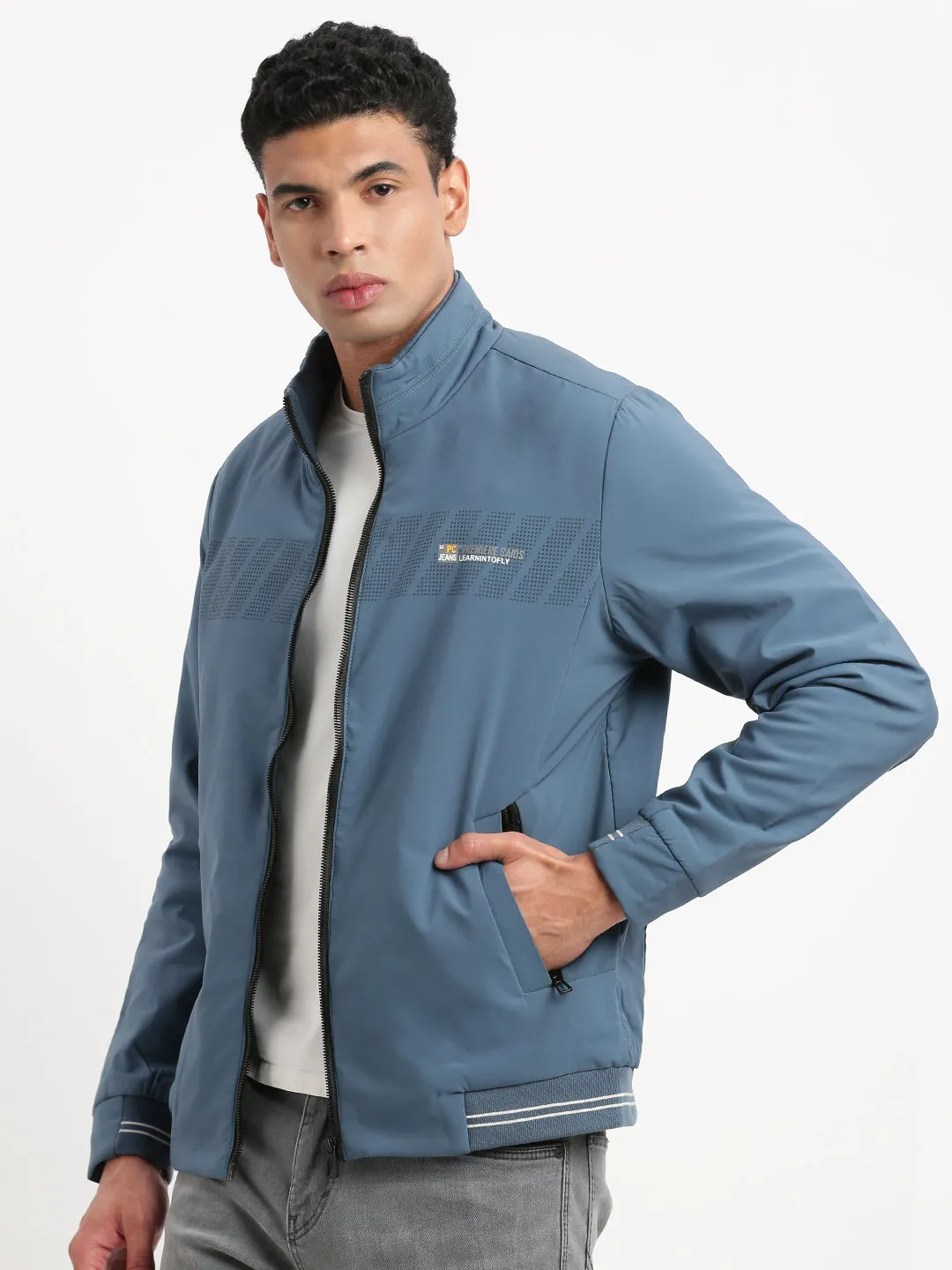 Convertible 2 In 1 Function Taped Seam Waterproofing Men's Mock Collar Solid Blue Bomber Jacket