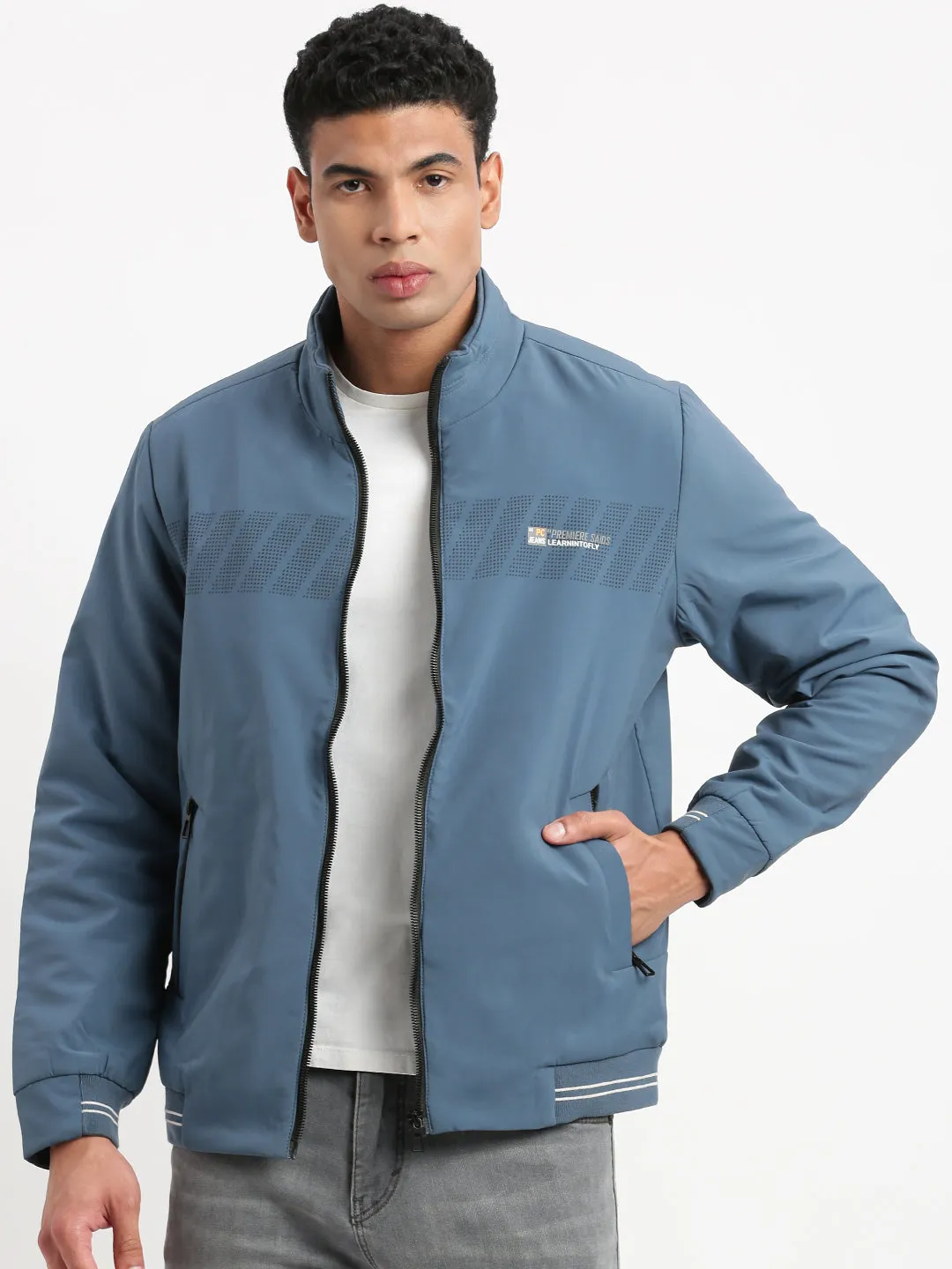 AdjustableDrawcordHem Compact Storage Men's Mock Collar Solid Blue Bomber Jacket