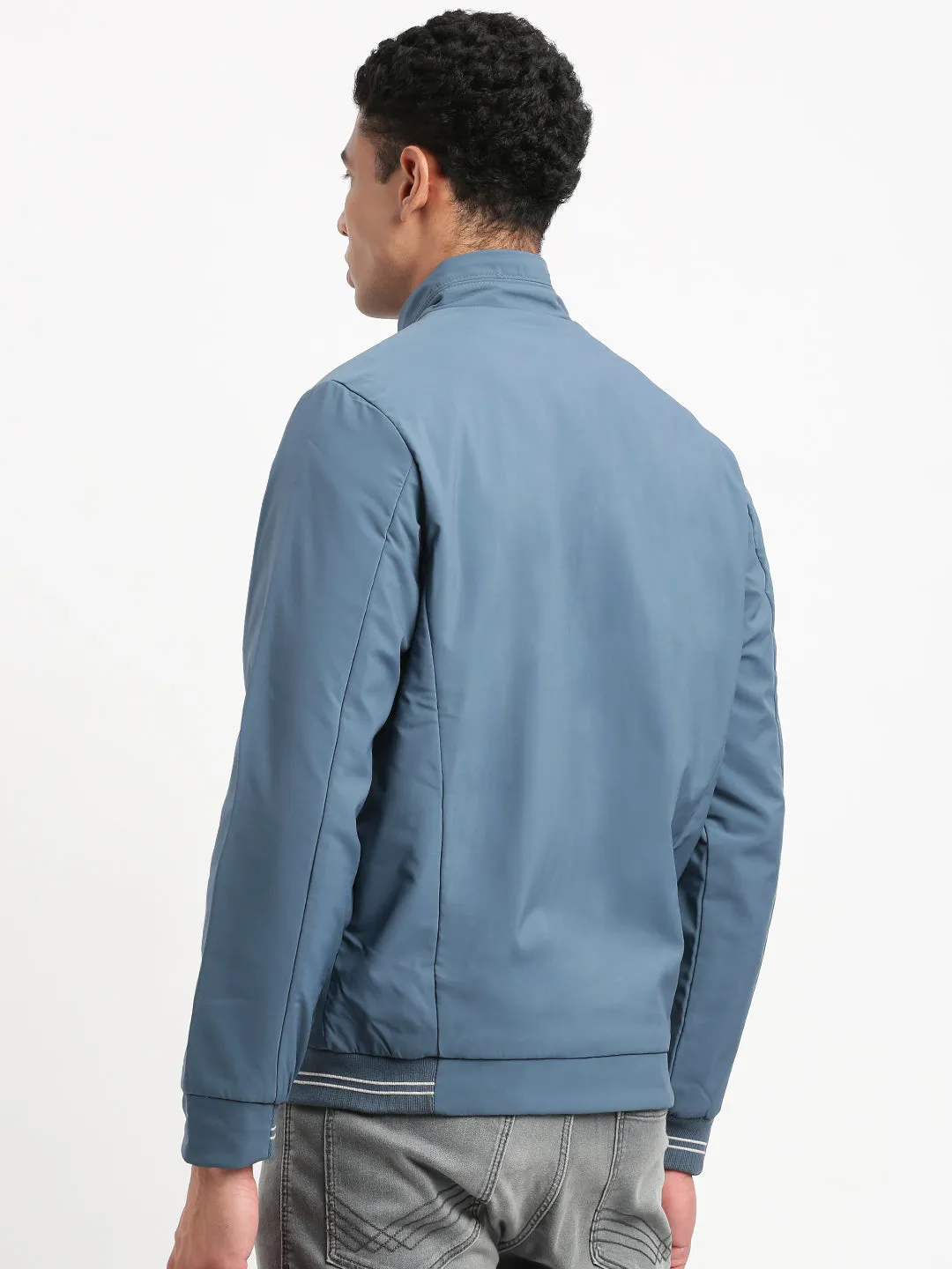 Men's Mock Collar Solid Blue Bomber Jacket Fleece Backing