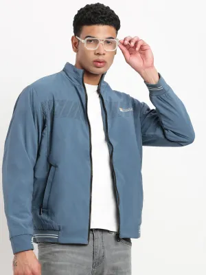 Men's Mock Collar Solid Blue Bomber Jacket RibbedTrims