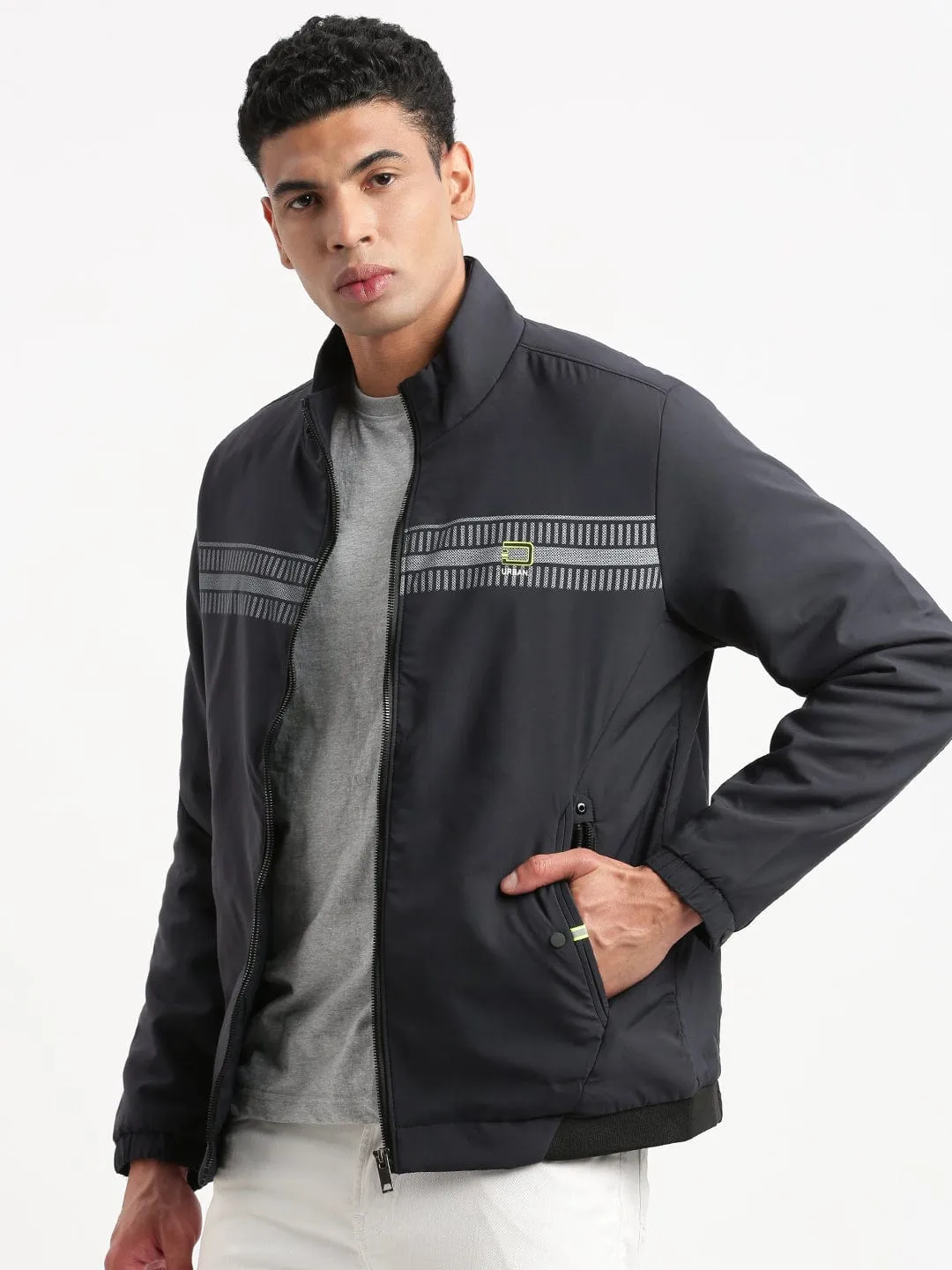 Lightweight Thermal Tech Men's Mock Collar Solid Navy Blue Casual Bomber Jacket