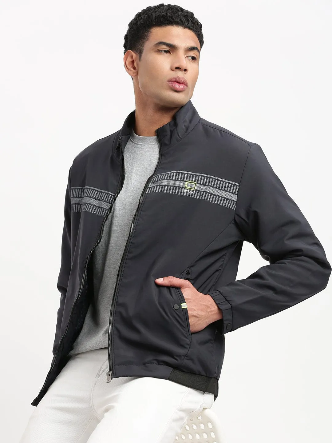 Cuffs Adjust Bright Color Men's Mock Collar Solid Navy Blue Casual Bomber Jacket