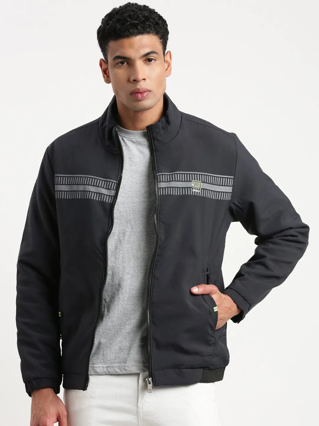 Lightweight Shell HeatReflectiveLining Men's Mock Collar Solid Navy Blue Casual Bomber Jacket