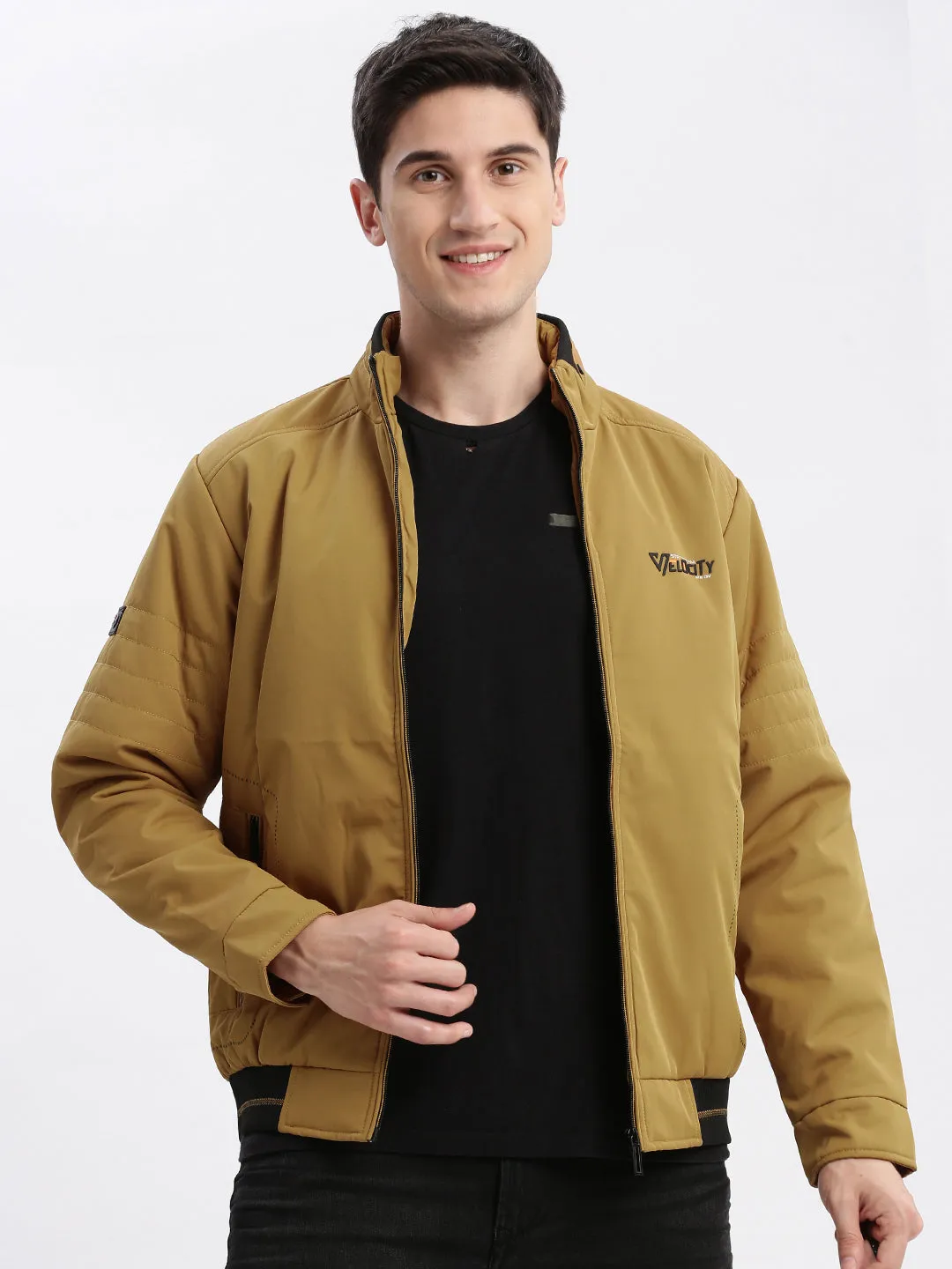 Convertible Collar Design Water Resistant Men's Mustard Stand Collar Rapid-Dry Technology Windcheater Bomber Jacket