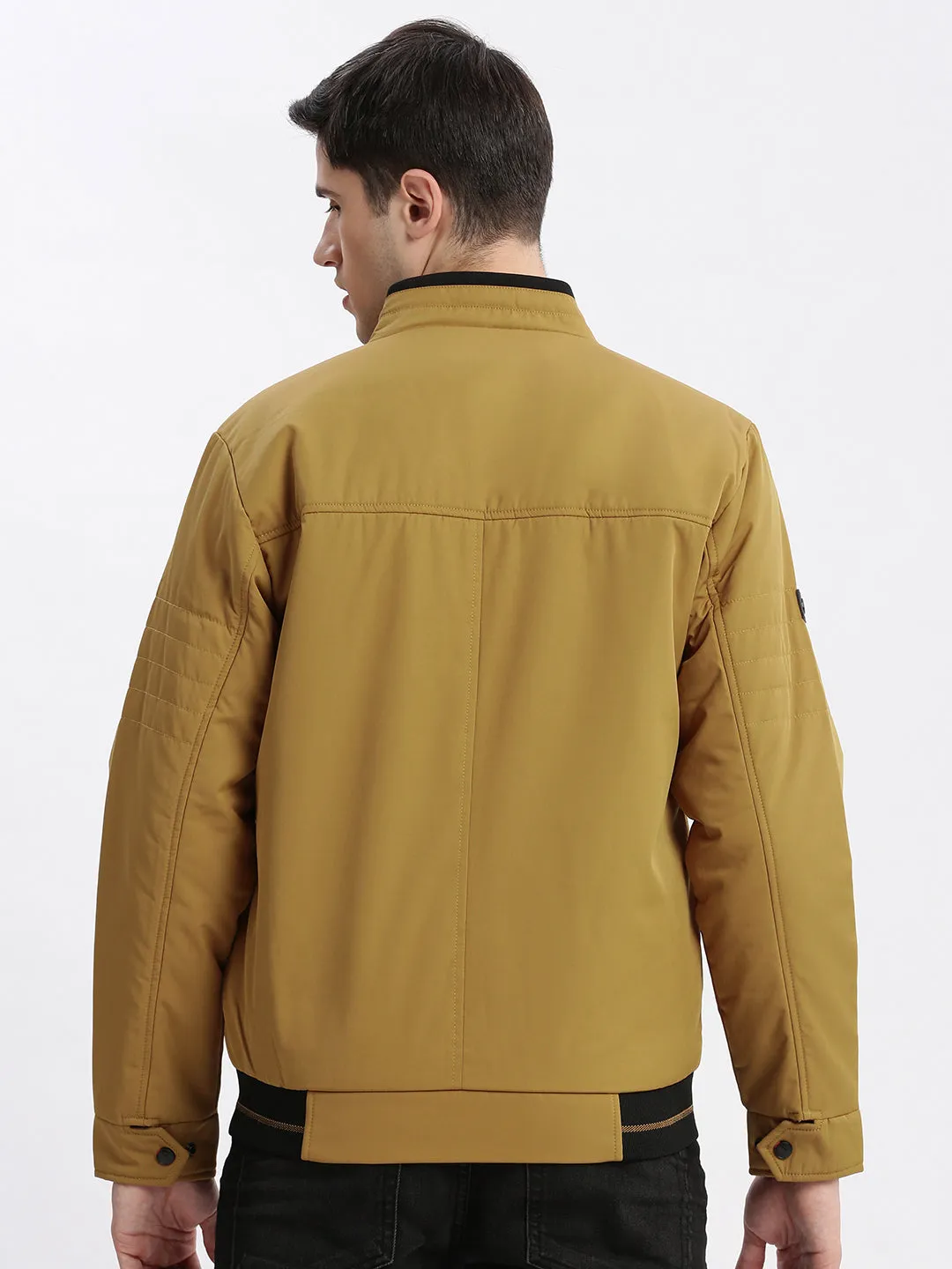 Men's Mustard Stand Collar Rapid-Dry Technology Windcheater Bomber Jacket Light Reflective Zippers Timeless Fit Style