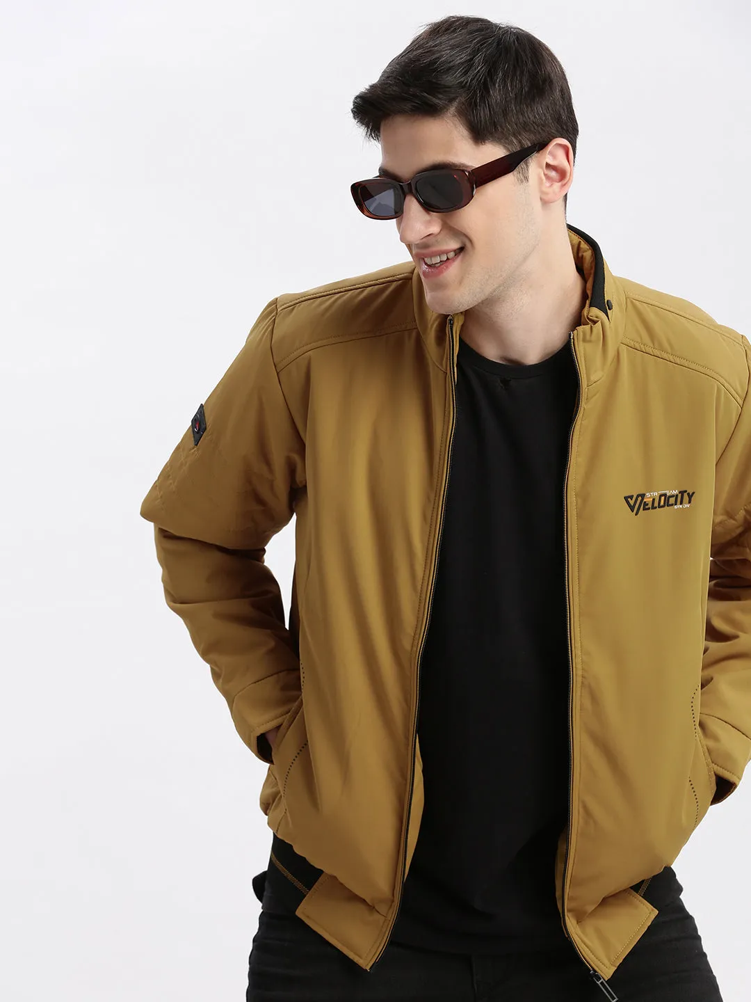 Men's Mustard Stand Collar Rapid-Dry Technology Windcheater Bomber Jacket Logo Free Style