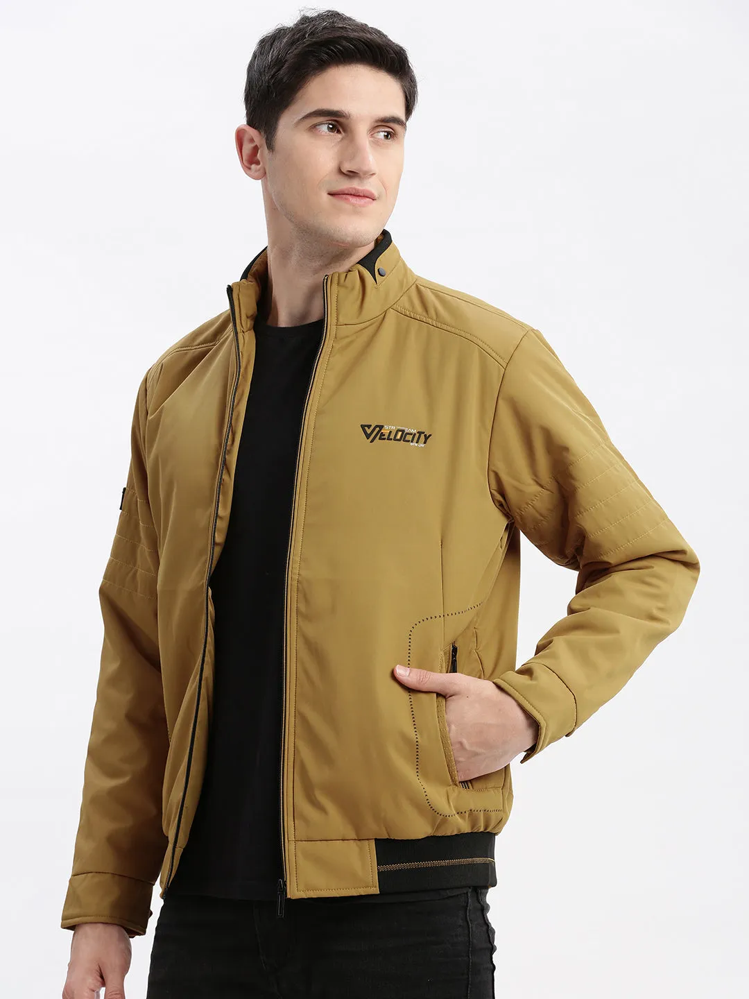Detachable Hood Extended Coverage Men's Mustard Stand Collar Rapid-Dry Technology Windcheater Bomber Jacket