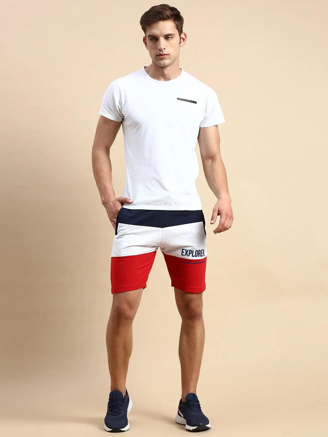Reflective Trim Detail Men's Navy Blue Colour blocked Mid-Rise Cotton Shorts