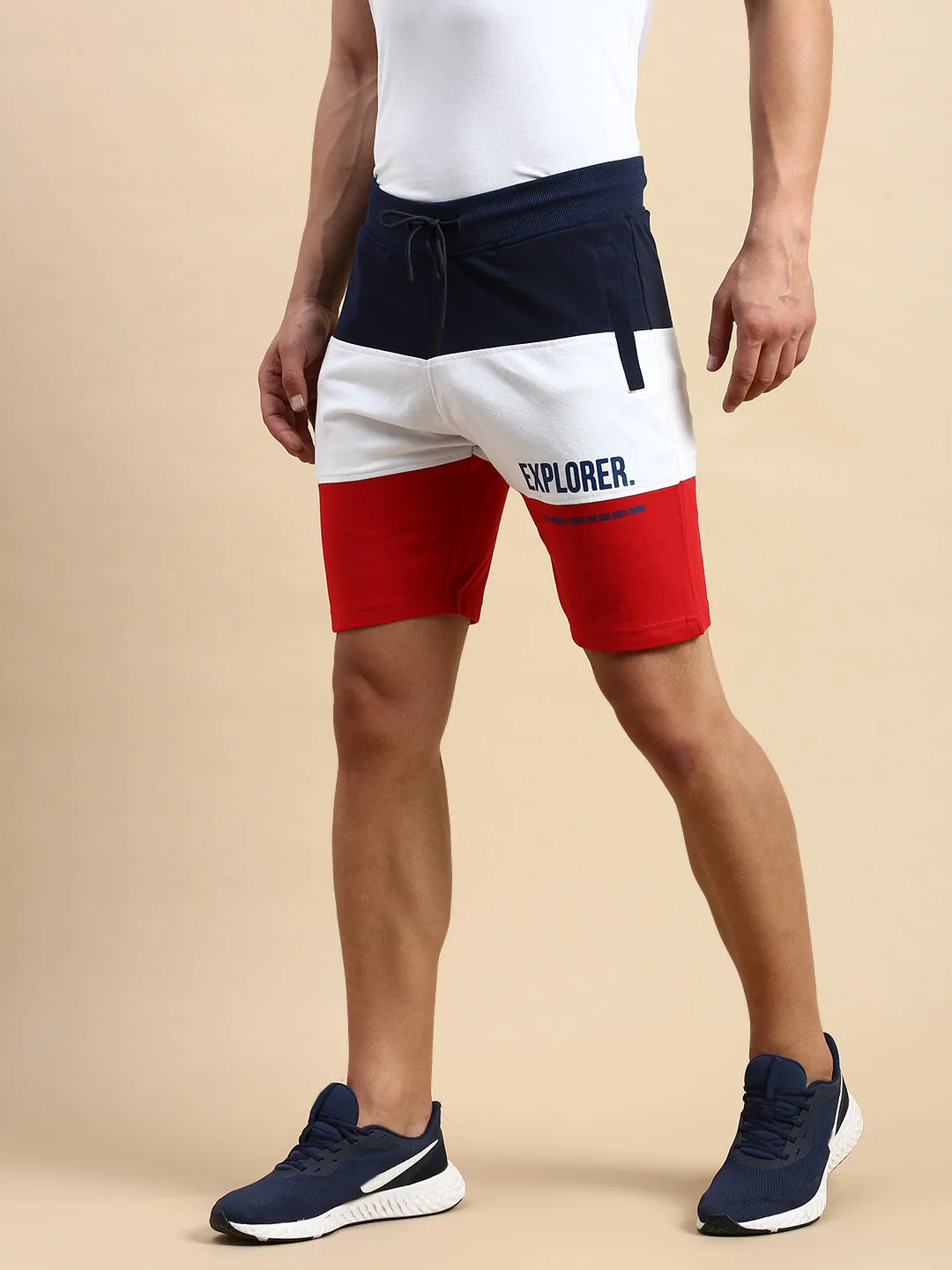 Quick Access Zip Pockets Men's Navy Blue Colour blocked Mid-Rise Cotton Shorts