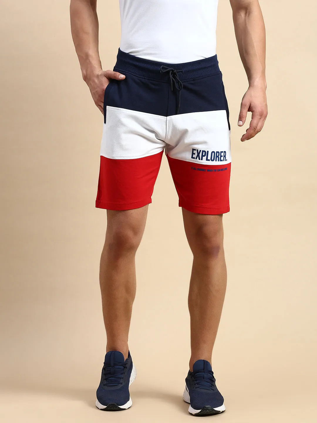 Men's Navy Blue Colour blocked Mid-Rise Cotton Shorts Street Layers Comfortable Cut