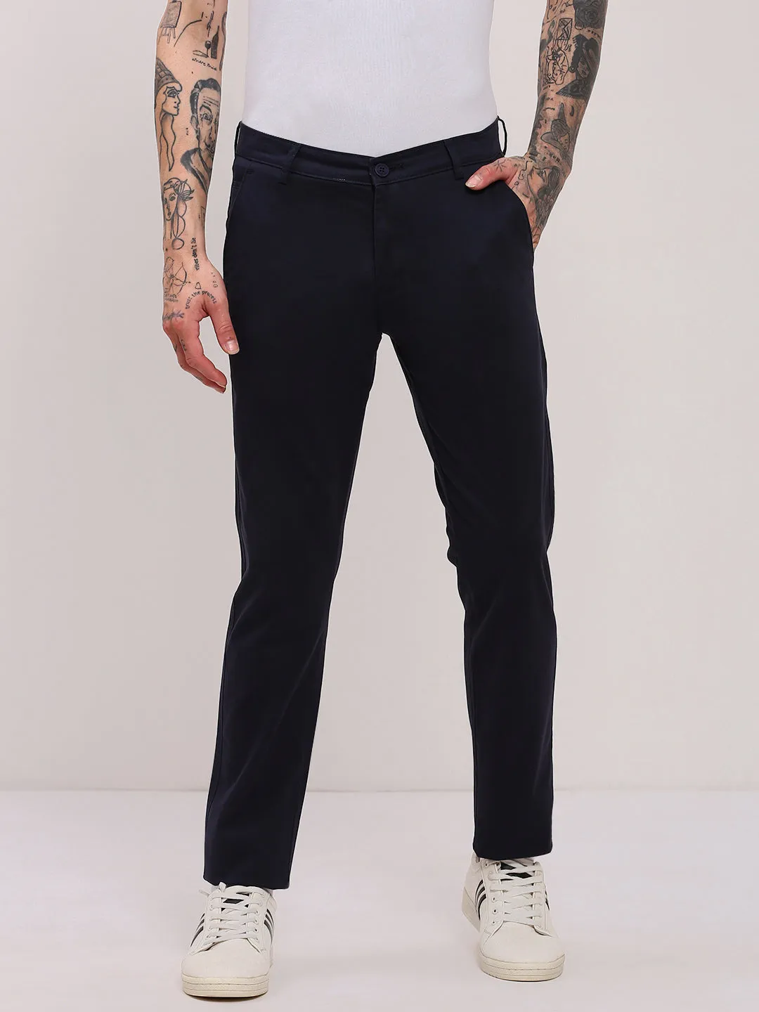 Chafe-Free Fit Men's Navy Blue Comfort Slim Fit Low-Rise Cotton Trousers