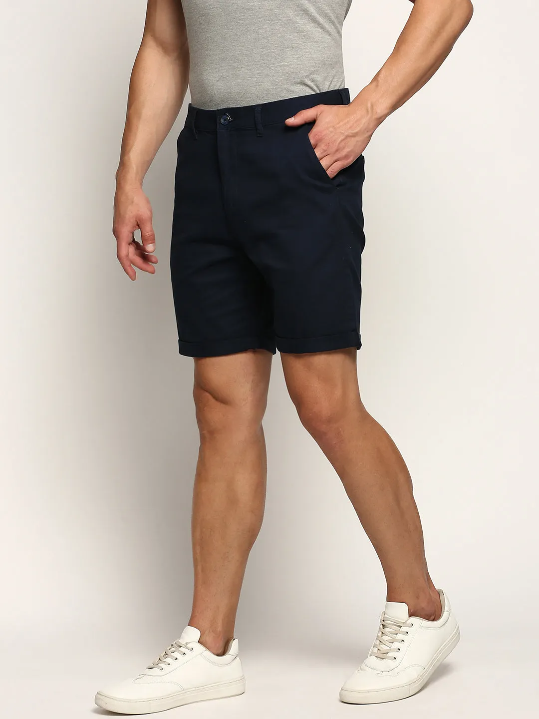 Men's Navy Blue Mid-Raise Cotton Casual Shorts Smooth Texture skin friendly