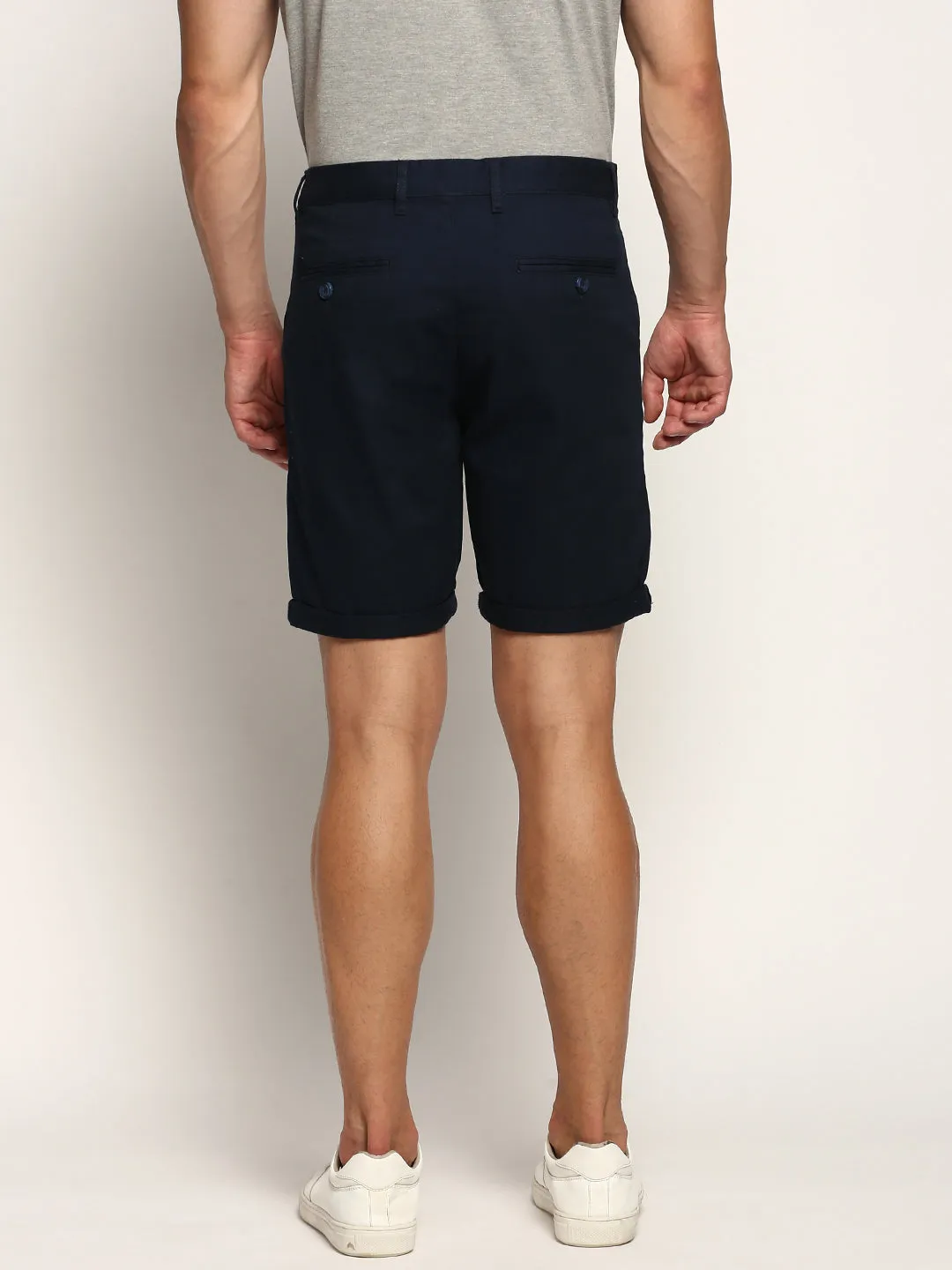 Men's Navy Blue Mid-Raise Cotton Casual Shorts Fitness Enthusiast Wrinkle Free Fabric