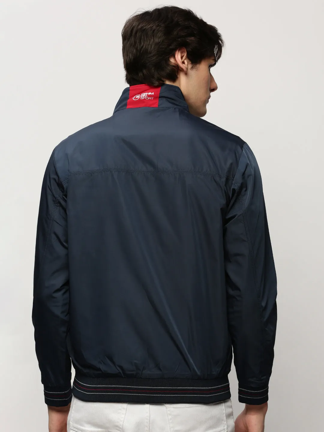 Daily Essential Layered Drape Men's Navy Blue Mock Collar Bomber Jacket