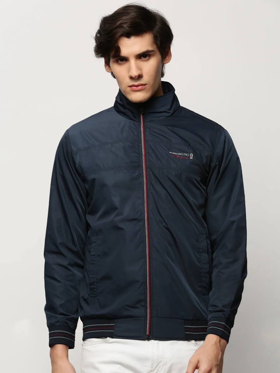 Men's Navy Blue Mock Collar Bomber Jacket City Layer Style TemperatureRegulating