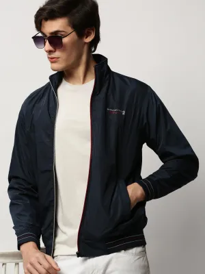 Men's Navy Blue Mock Collar Bomber Jacket WeatherproofZipper