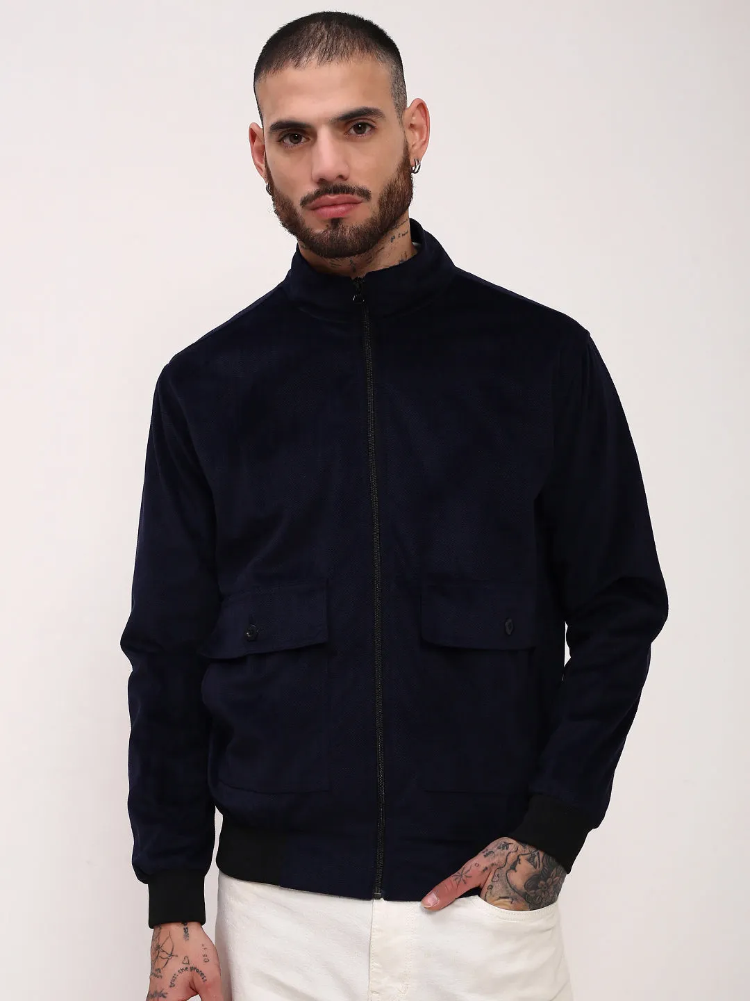 Neutral Style Men's Navy Blue Mock Collar Solid Casual Bomber Windcheater Jacket
