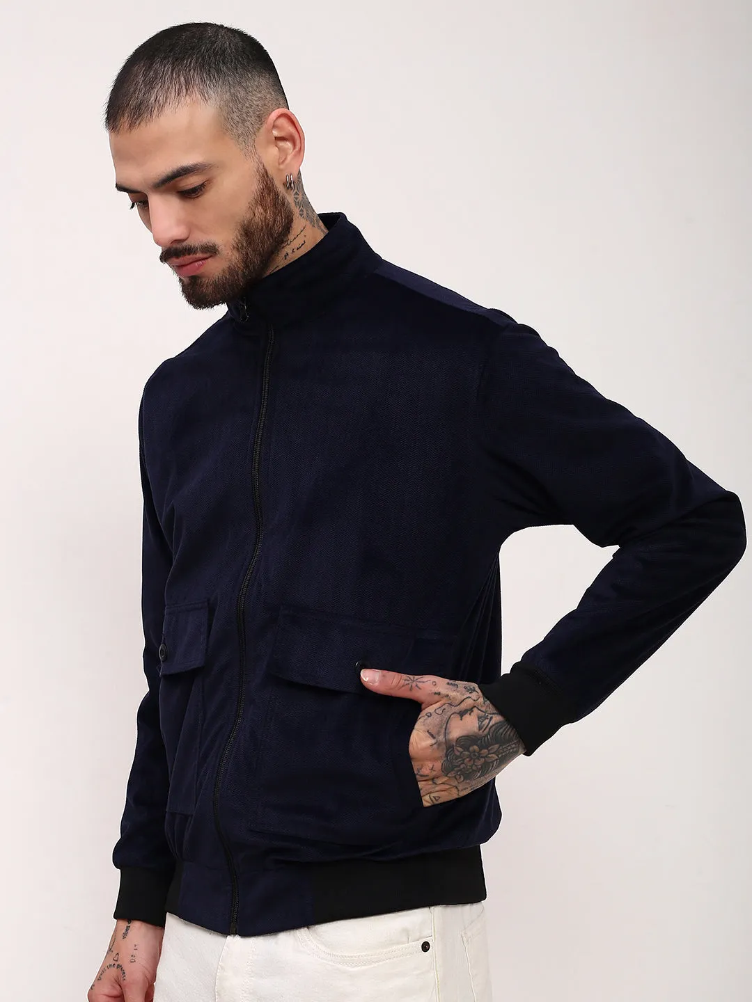 Men's Navy Blue Mock Collar Solid Casual Bomber Windcheater Jacket Eco Friendly Production