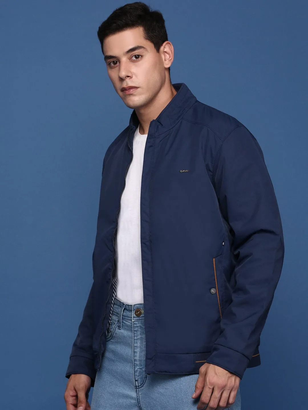 Clean Outer Men's Navy Blue Mock Collar Solid Windcheater Bomber with Embroidered Jacket