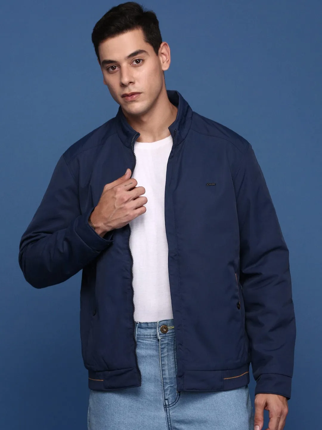 Men's Navy Blue Mock Collar Solid Windcheater Bomber with Embroidered Jacket QuickDry Fabric Reversible Layer
