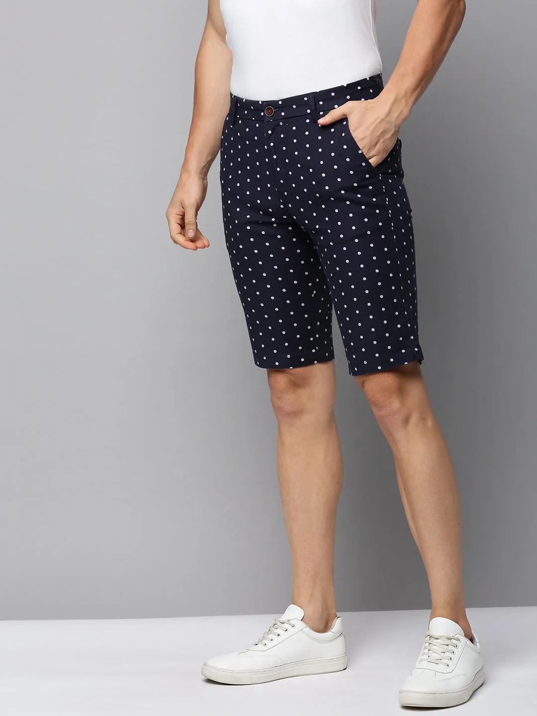 Men's Navy Blue Polka Dots Printed Cotton Shorts Flexible shape
