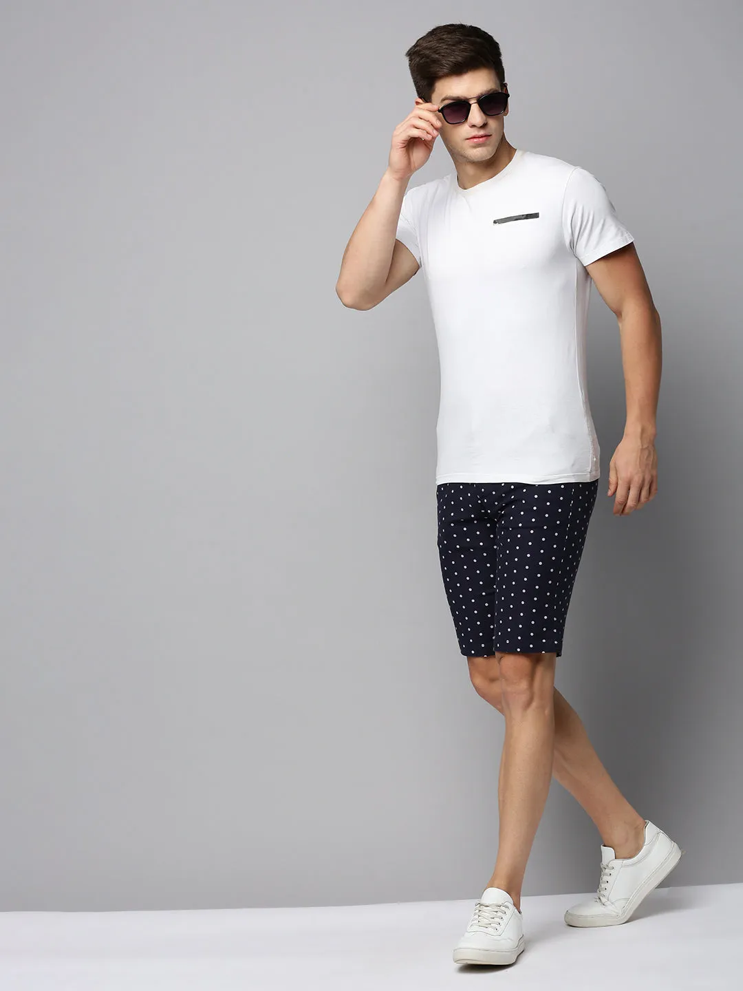 Men's Navy Blue Polka Dots Printed Cotton Shorts Laser Cut Perforations Cool Basic