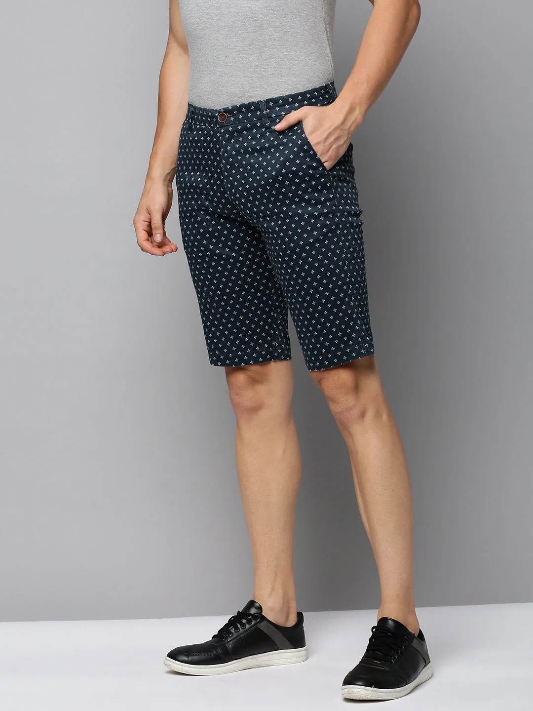 Regular Fit GussetDesign Men's Navy Blue Regular Fit Printed Cotton Shorts