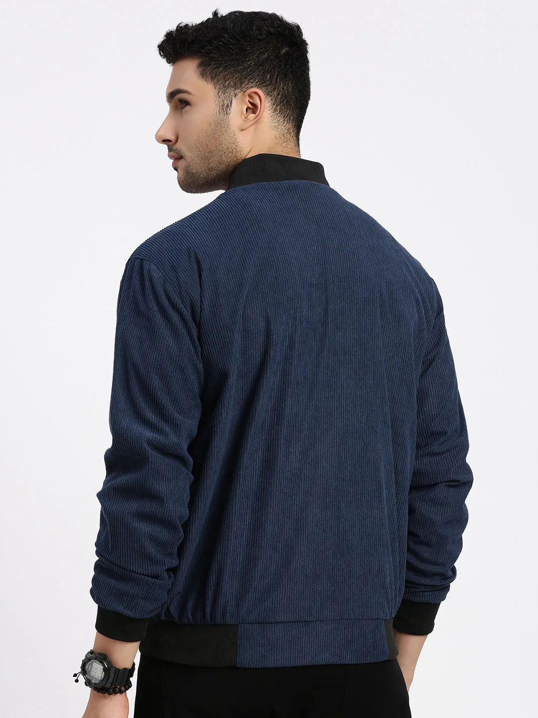 Airtight Seam Sealing Men's Navy Blue Self Design Corduroy Bomber Jacket