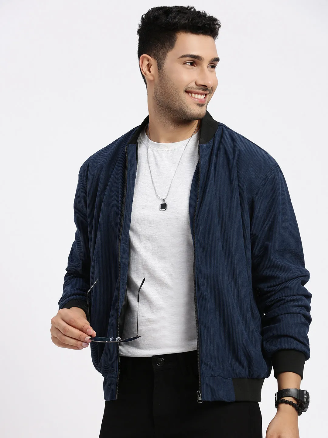 Men's Navy Blue Self Design Corduroy Bomber Jacket Bold Statement