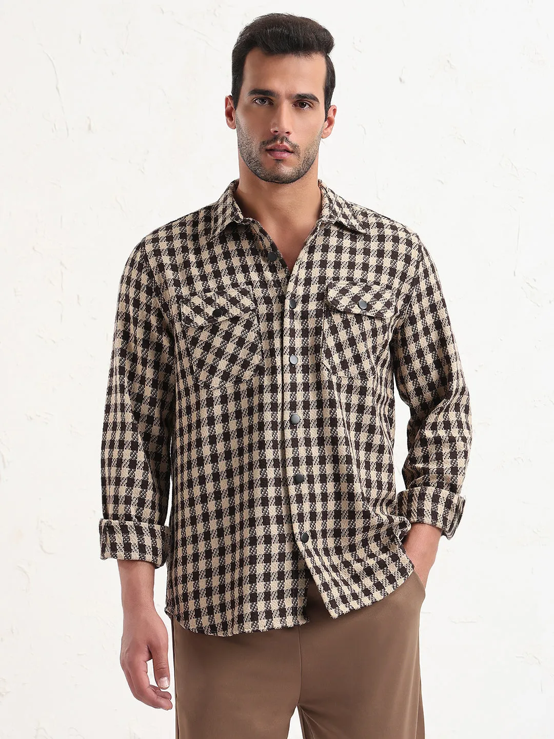 Denim combination Slim Fit Design Men's Navy Blue Solid Slim Fit Shirt