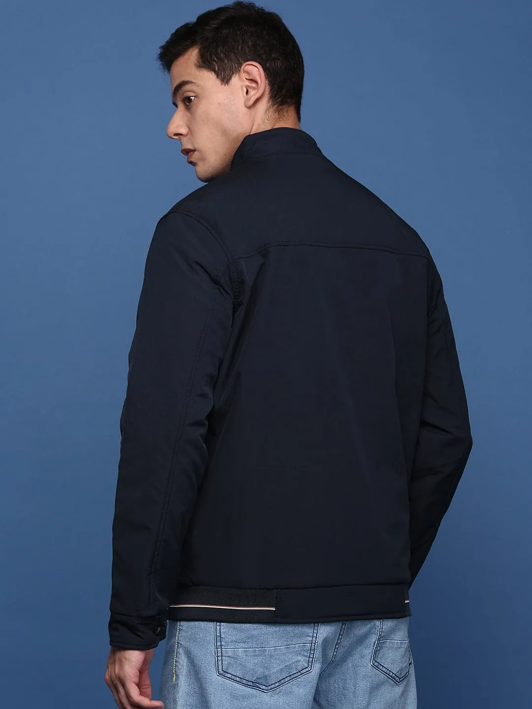 Men's Navy Blue Windcheater Bomber Jacket Vegan Leather Accents Subtle Fashion Fit