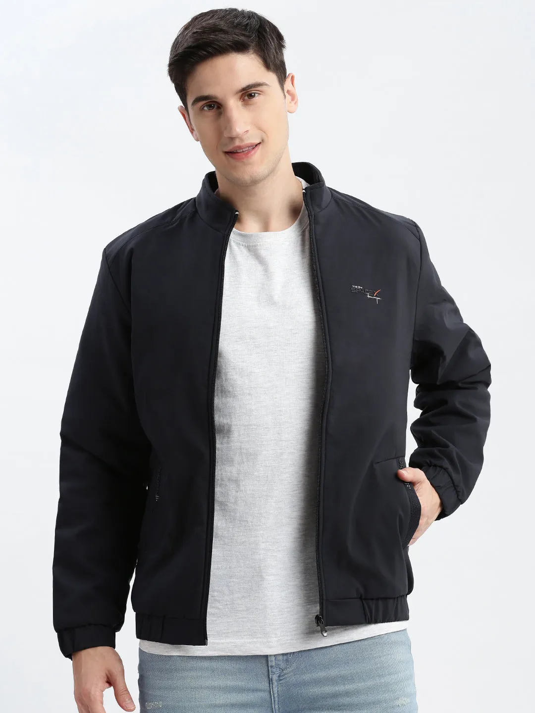 Waist String Bonded Seam Construction Men's Navy Blue Windcheater Rapid-Dry Bomber Jacket