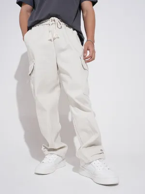 Flattering Design Men's Off White Relaxed Fit Cargo Trousers