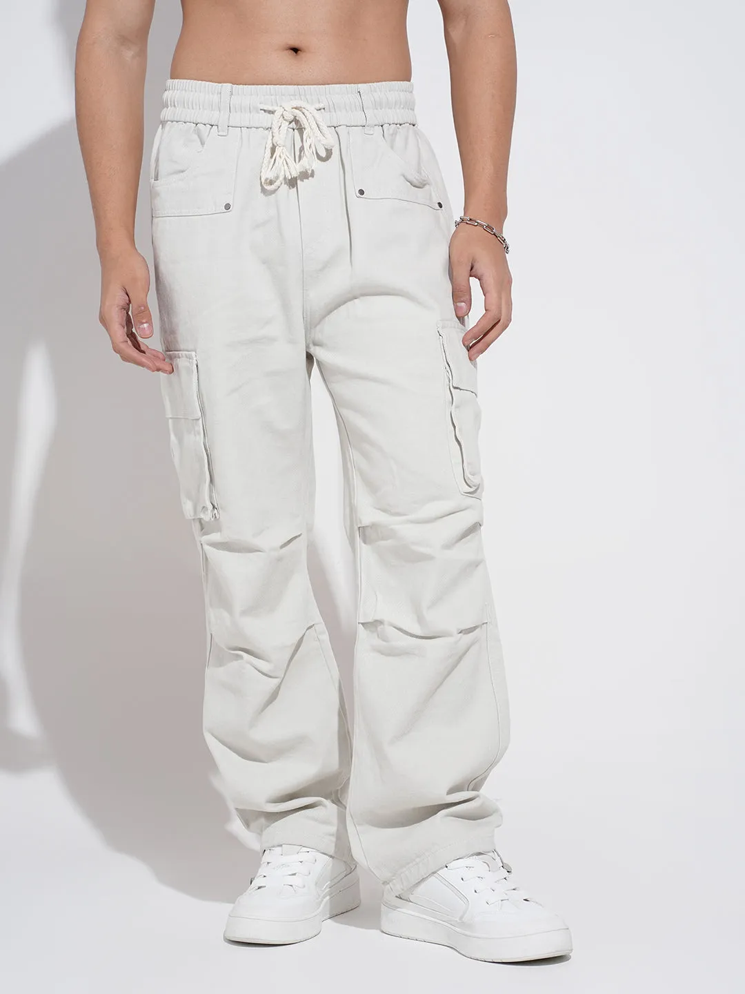 Soft Structure Men's Off White Relaxed Fit Cargo Trousers