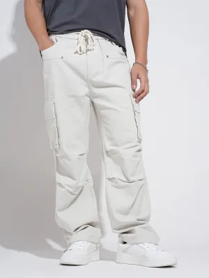 Men's Off White Relaxed Fit Cargo Trousers Quick Movement Wear High Density Weave