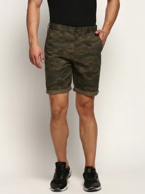 Non Restrictive Waistband Men's Olive Camouflage Printed Cotton Shorts