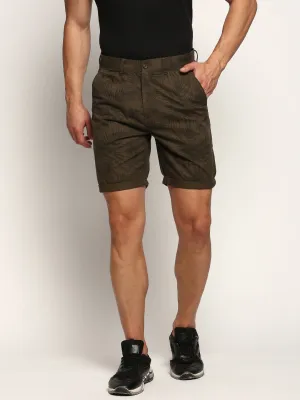 Faux Leather Men's Olive Floral Printed Mid Rise Cotton Shorts