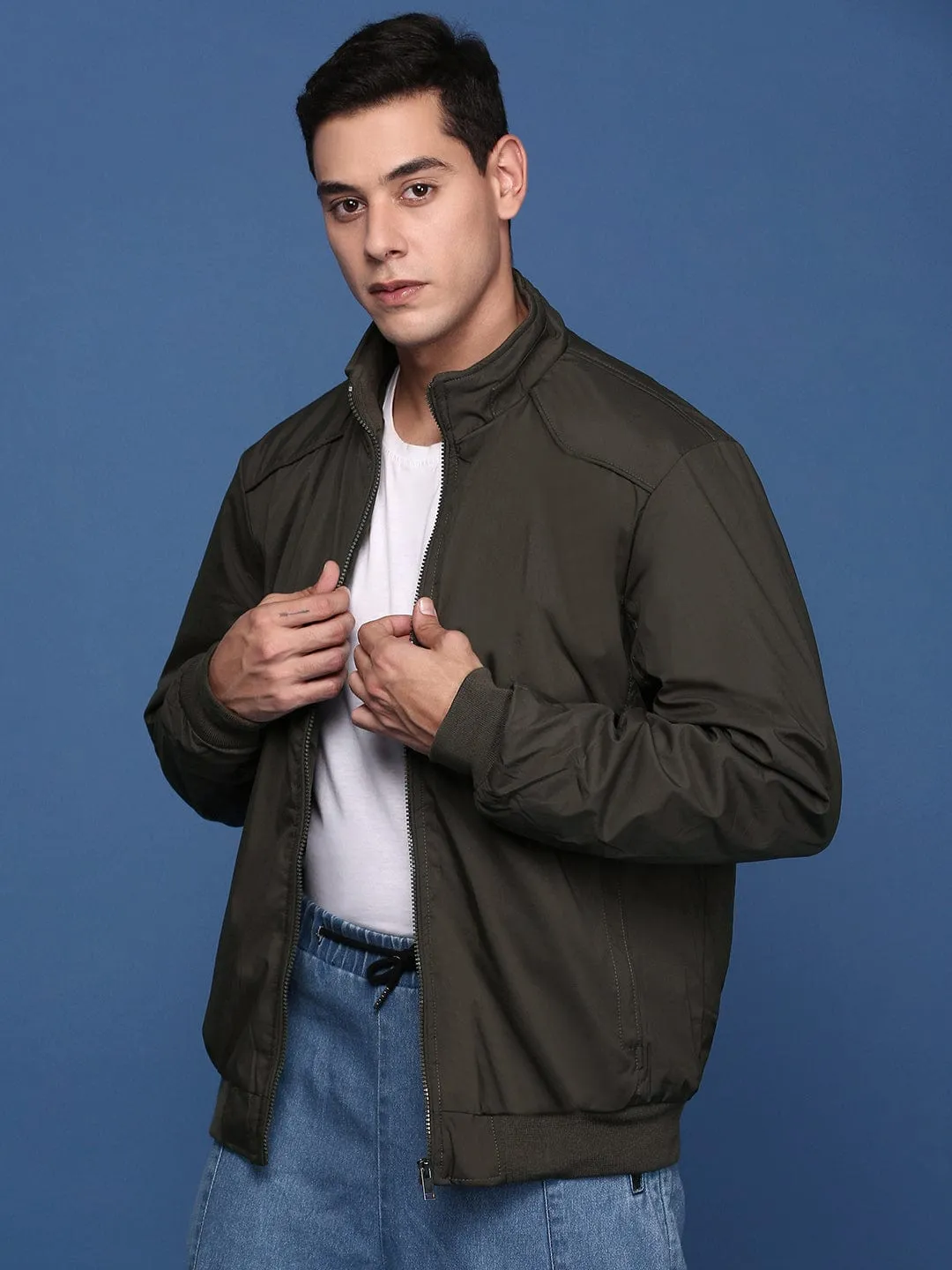 Men's Olive Mandarin Collar Solid Windcheater Longline Bomber Jacket Magnetic Closure