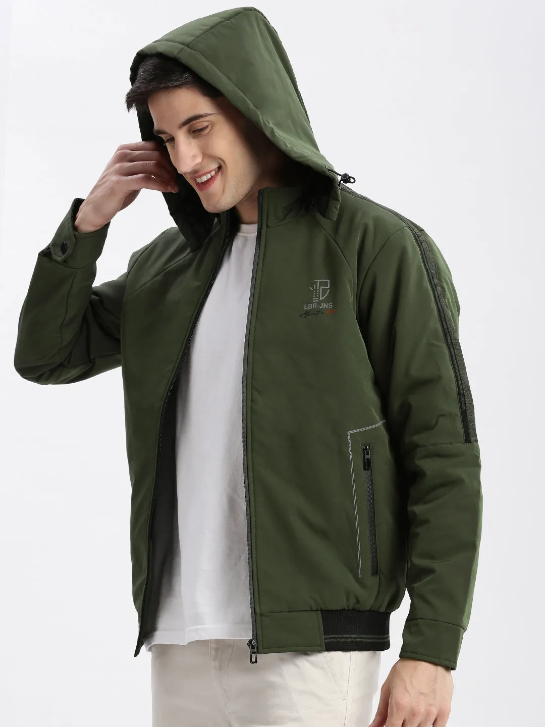 Men's Olive Mock Collar Rapid-Dry Technology Windcheater Bomber Jacket With Detachable Hoodie Non Restrictive Movement Bonded Collars