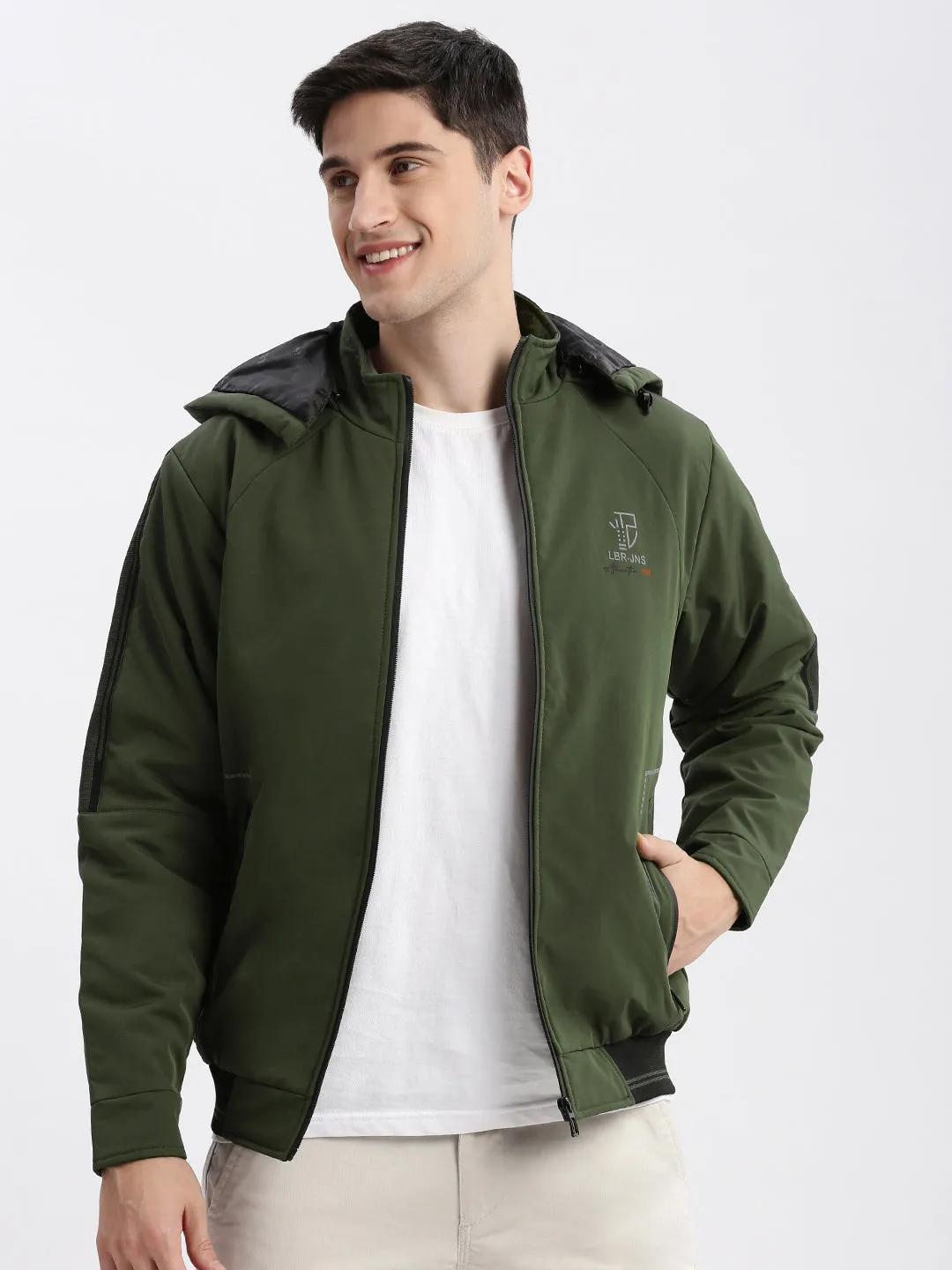 RibbedKnitCollar Down Filled Men's Olive Mock Collar Rapid-Dry Technology Windcheater Bomber Jacket With Detachable Hoodie